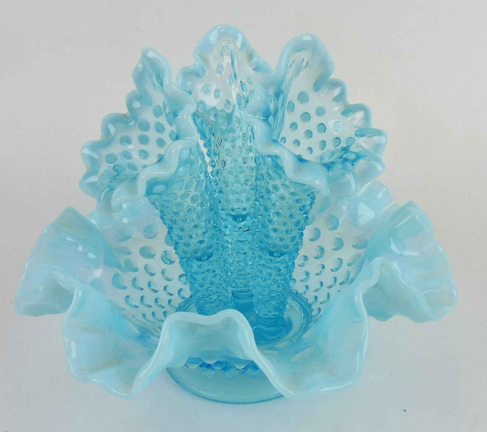 Fenton blue opalescent hobnail: epergne, 8 1/2"w, 7"h