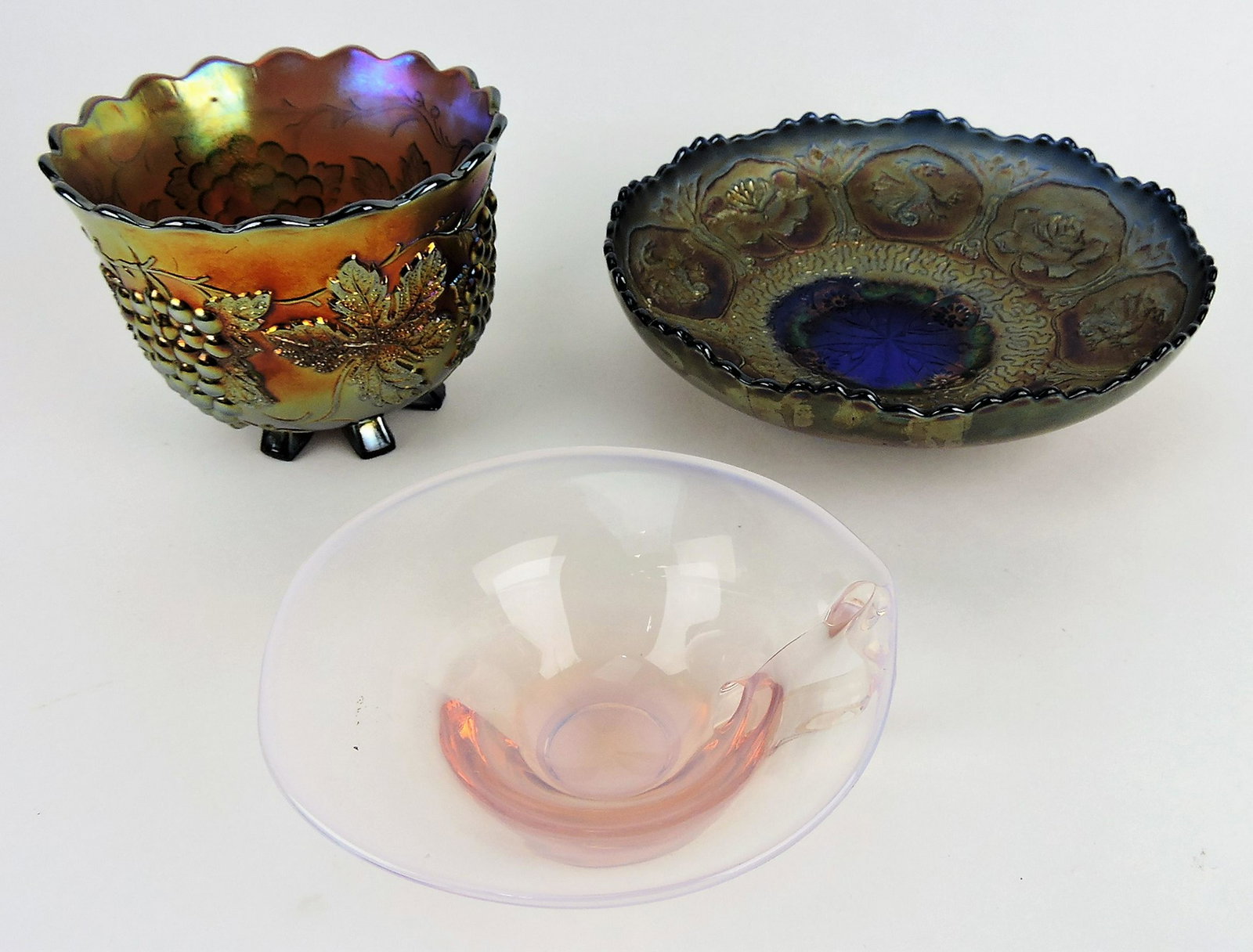 Fenton cobalt carnival dragon and: lotus bowl, carnival grape vase (crack) and pink opalescent nappy