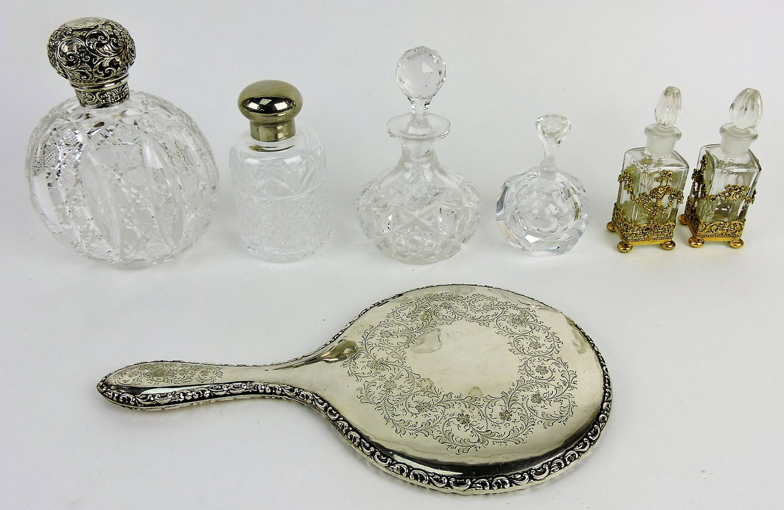 Perfume bottle lot of 6 and silver hand: mirror