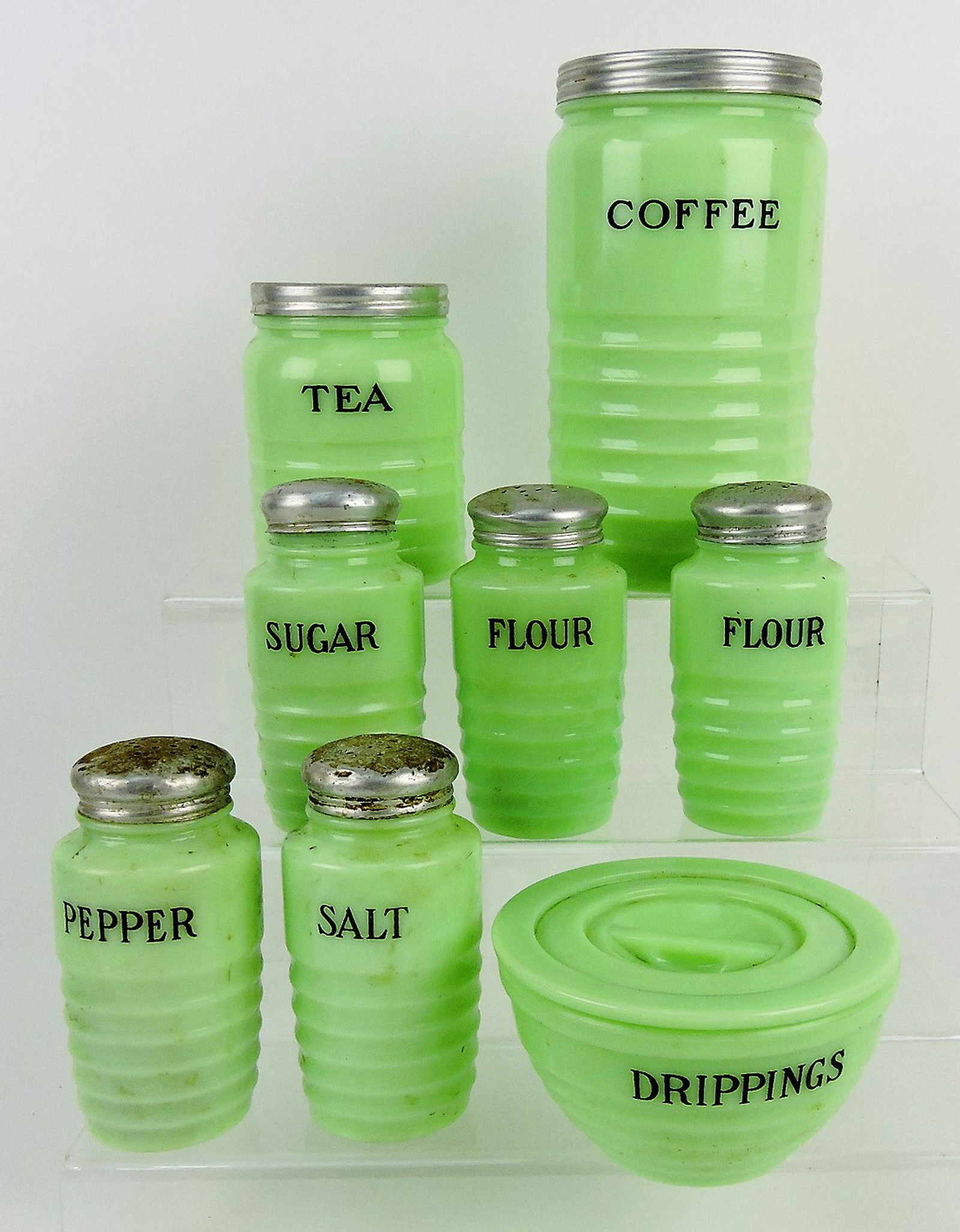Jadeite ribbed lot of 8 pieces;: tea, coffee, drippings, sugar, 2 flour, salt, pepper