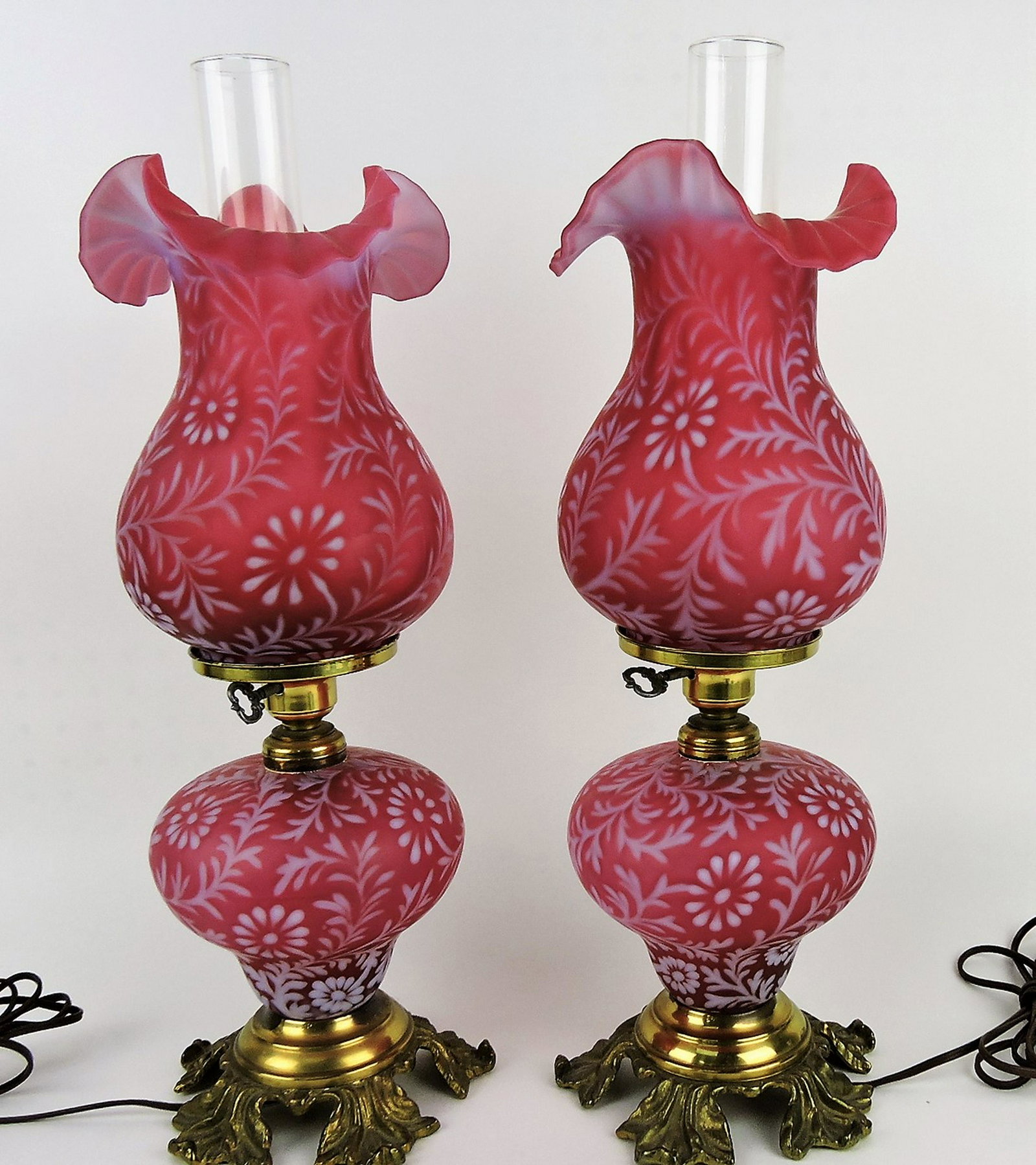 Fenton cranberry opalescent satin: daisy and fern pair of hurrican lamps, 22"