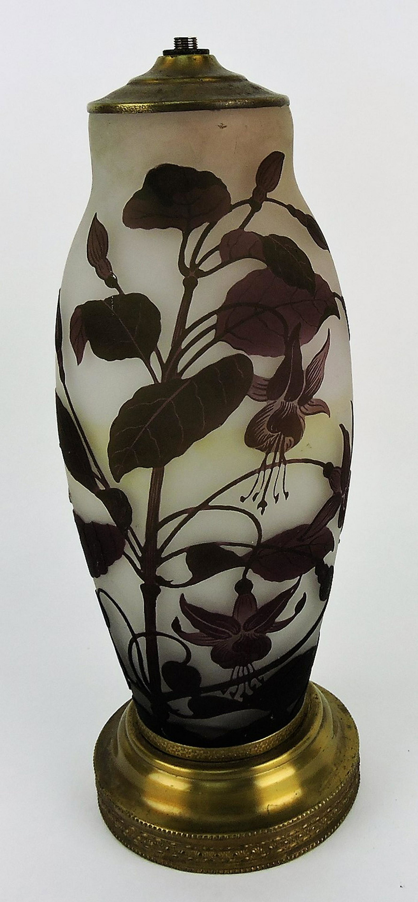 French cameo art glass 15" lamp: base with fuchsia motif