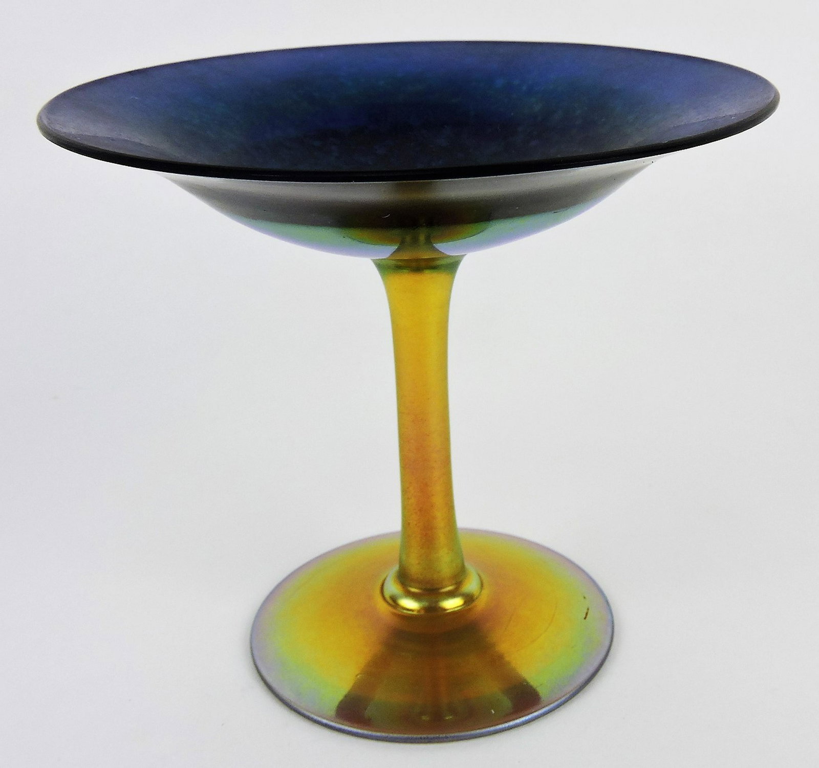 Gold and blue iridescent compote, 5"h,: 5 1/2"d