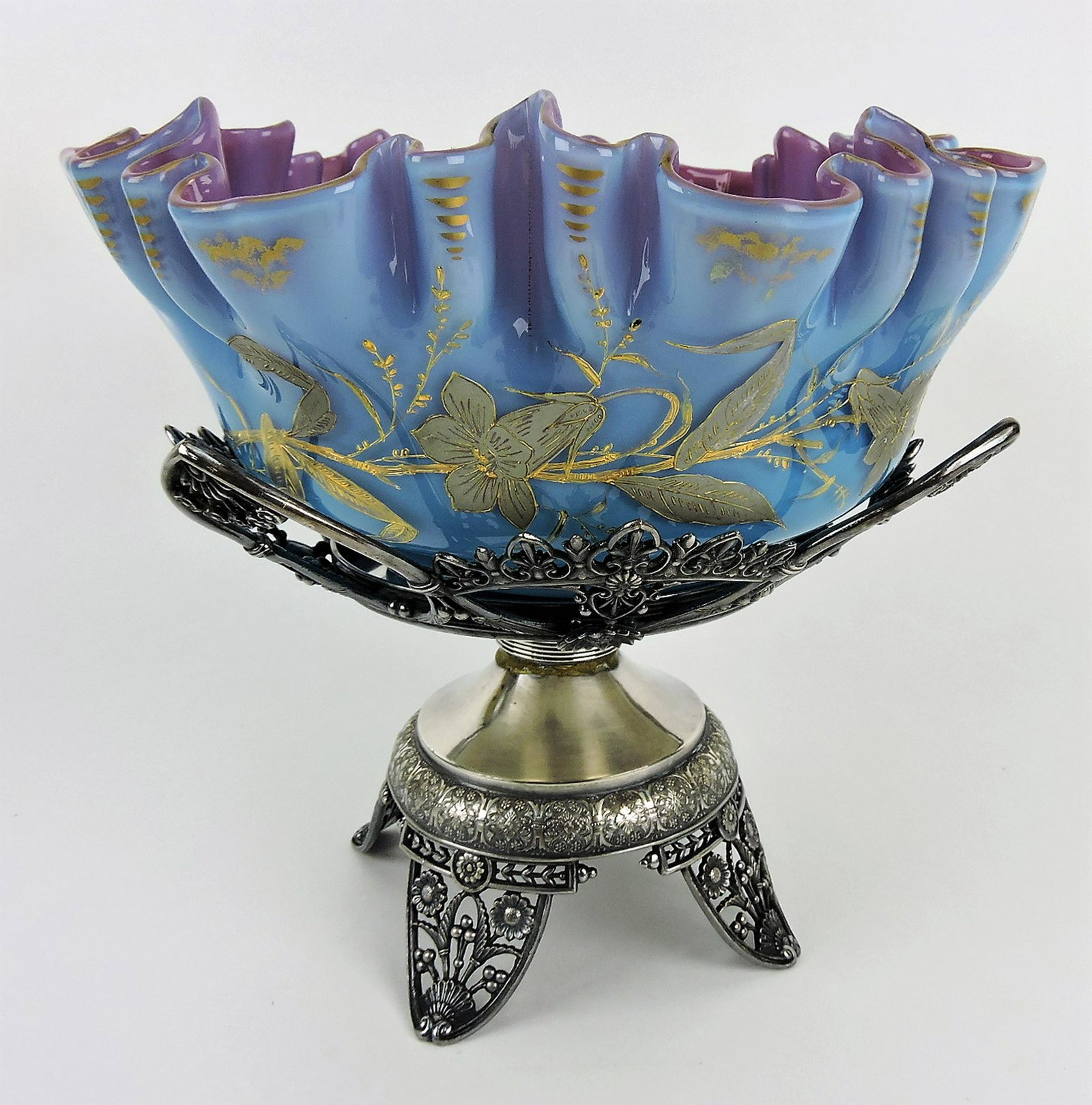 Lavender and purple cased glass: brides bowl with enamel daffodils, 11"w, 10 1/2"h, silver plate frame