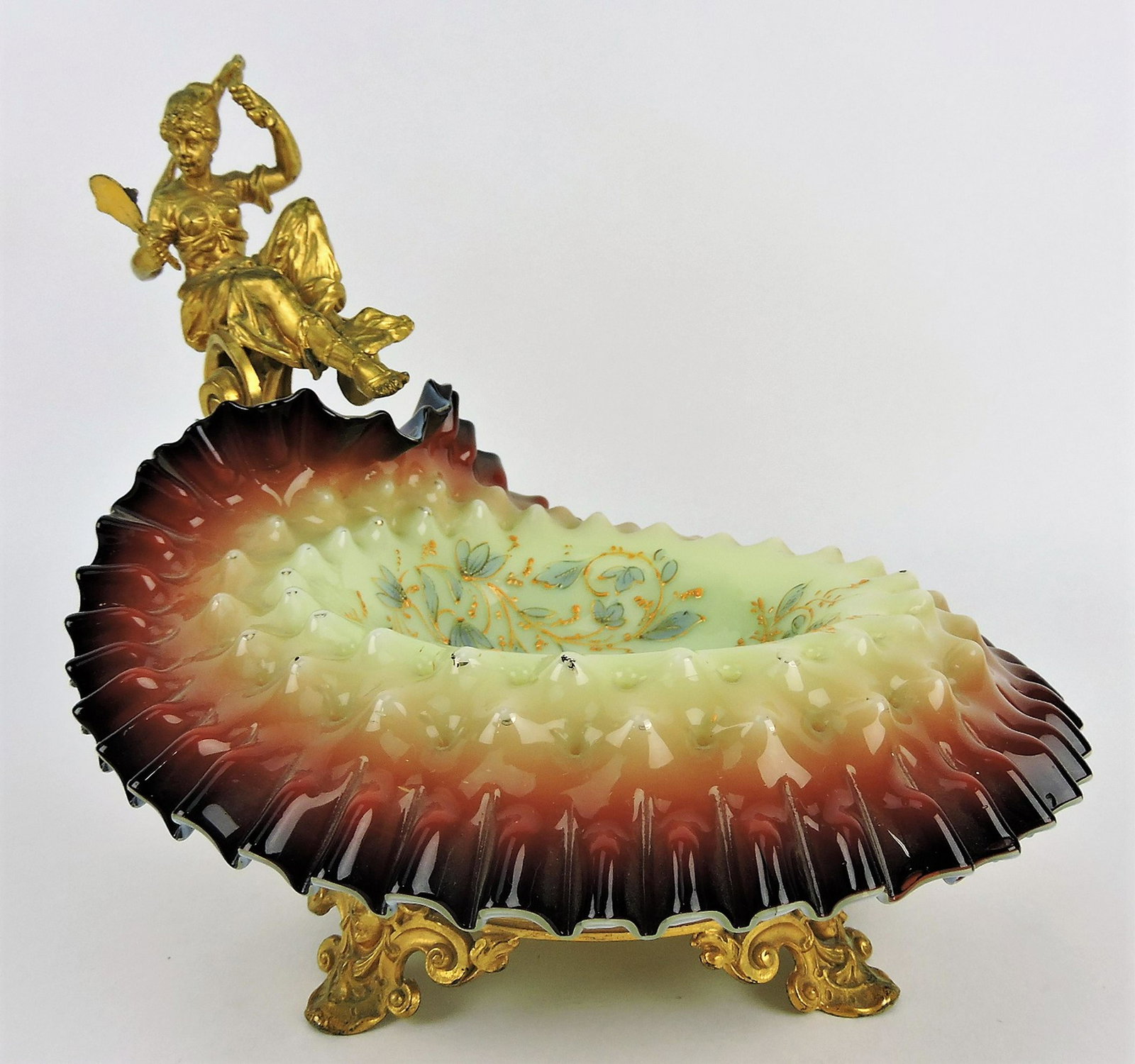 Cased hobnail glass jack in the pulpit: brides bowl with floral enamel in gold gilted frame with lady looking at herself in hand mirror, 10"h, 12"w