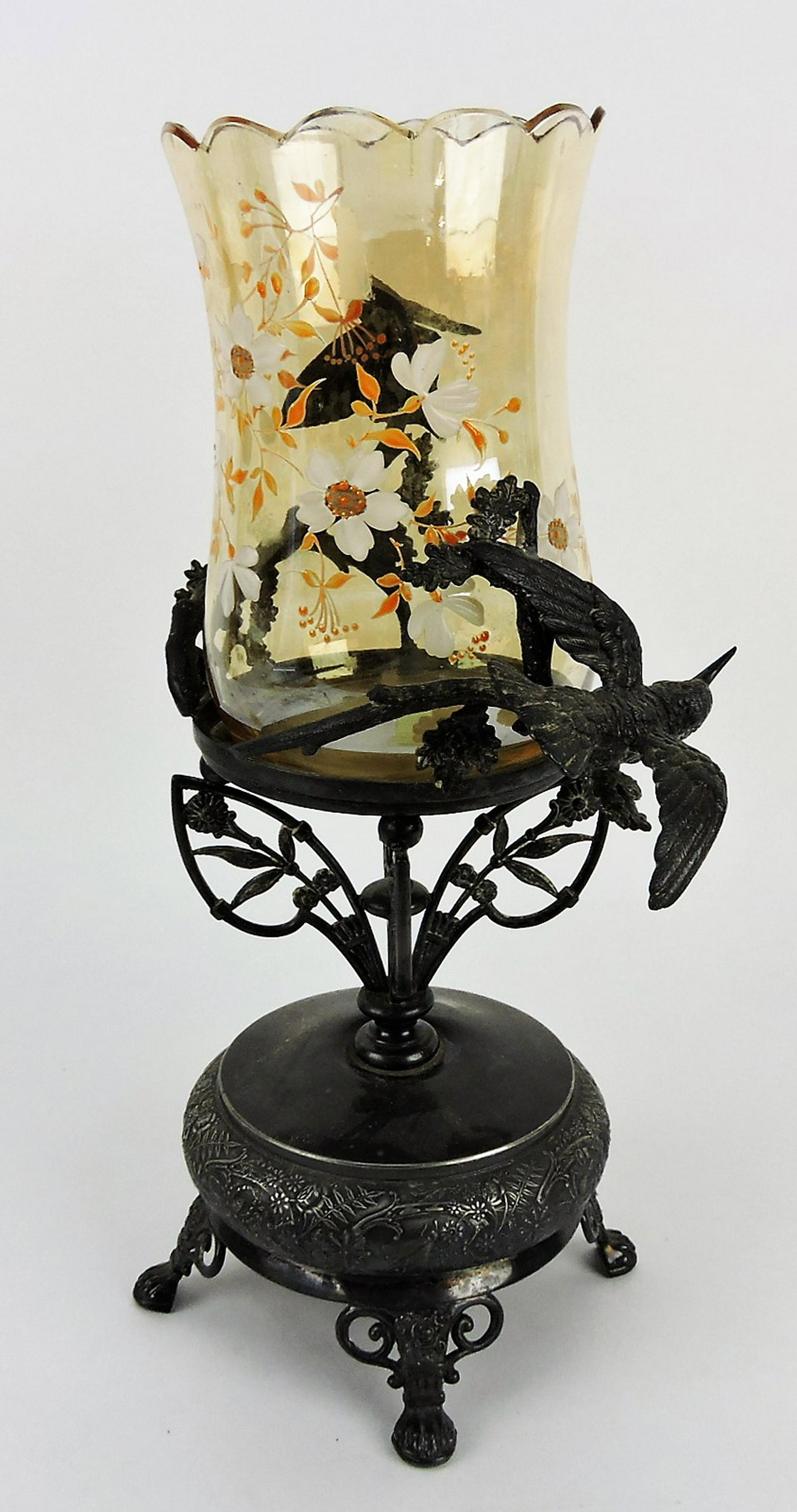 Victorian floral enamel amber celery: vase in Derby silver plate frame with kingfisher bird and butterfly, 13"