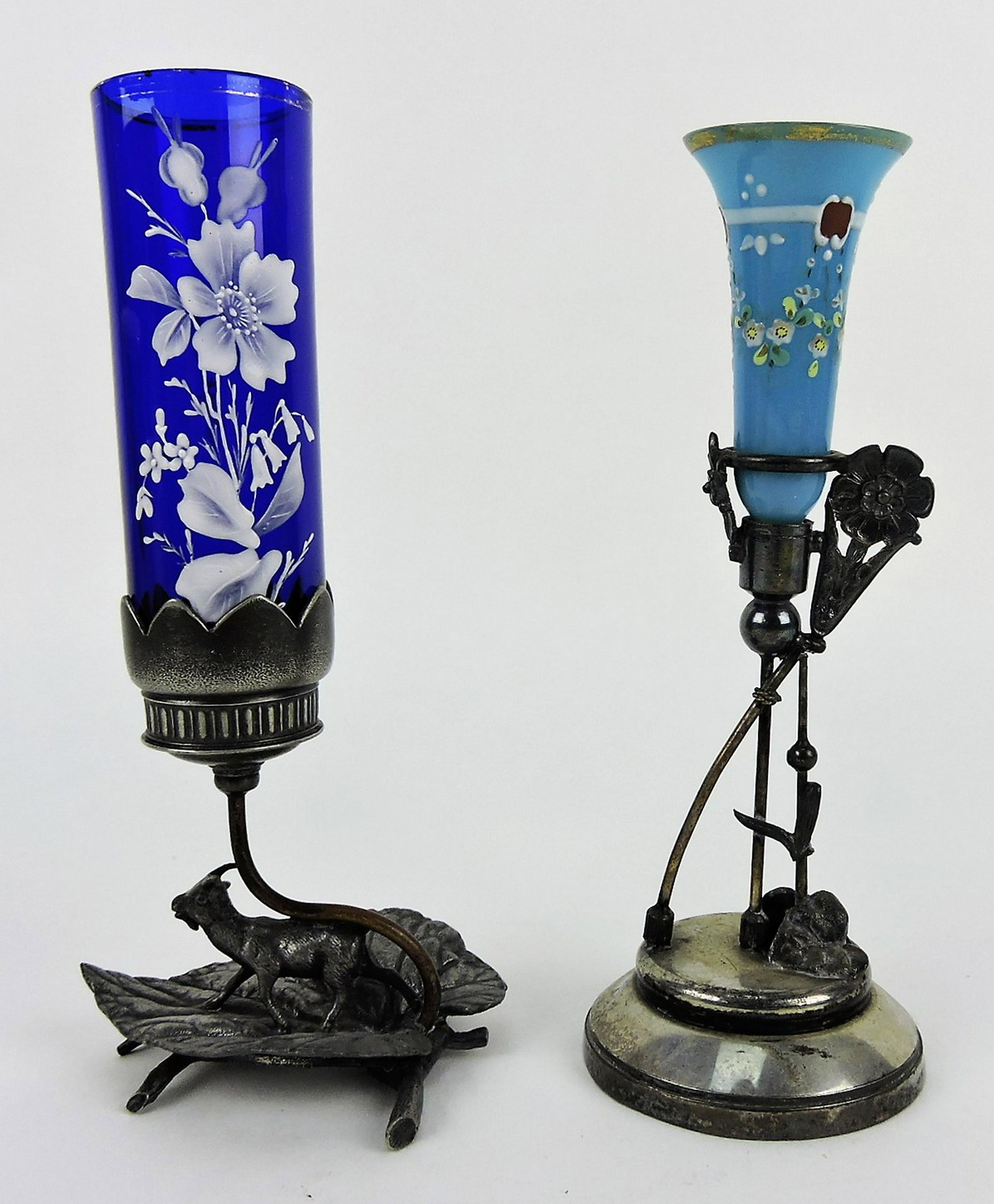 Victorian silver plate lot of 2 bud: vases each with enamel glass insert, one with goat on base, 7 1/2"