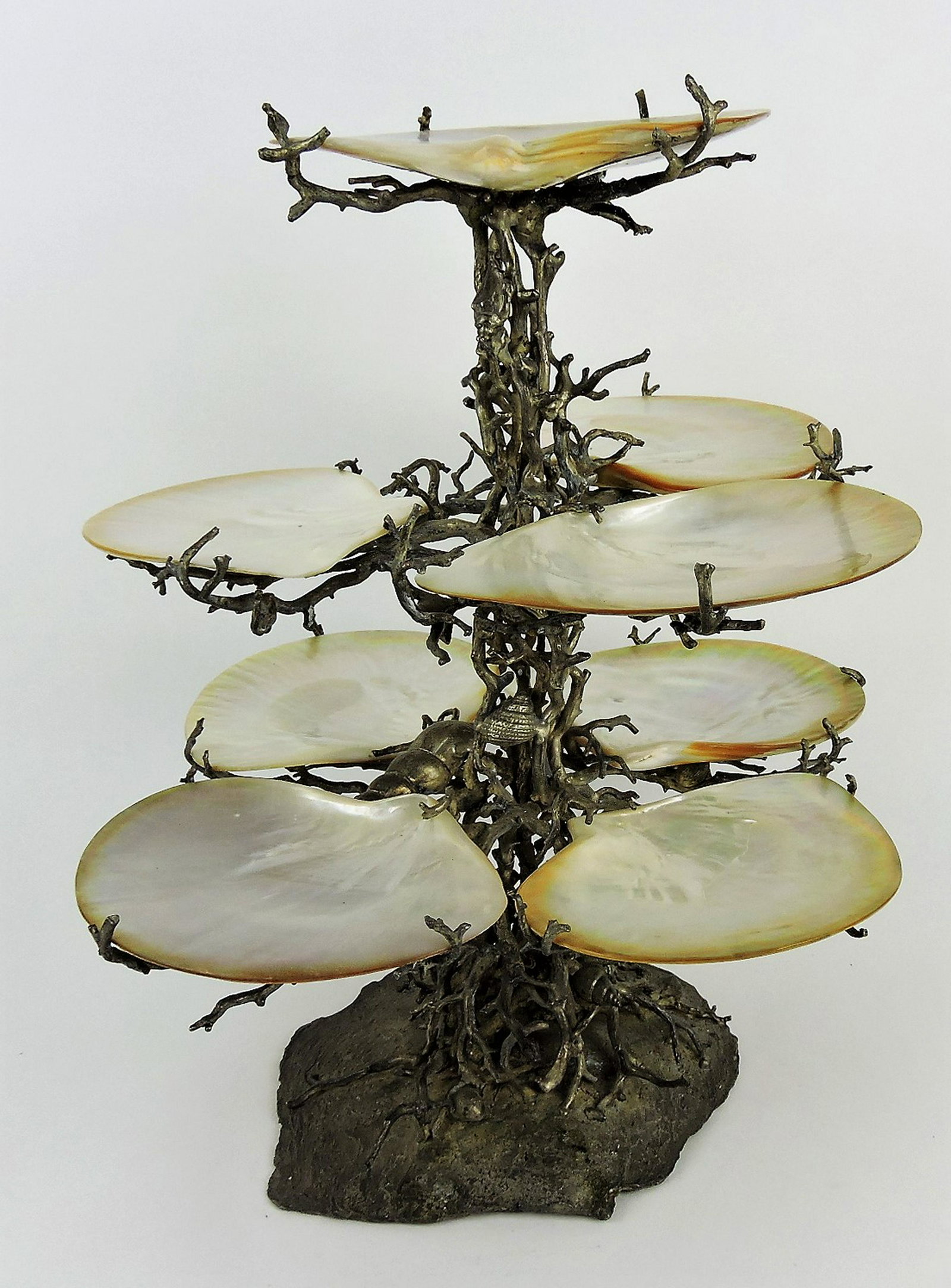 Maitland Smith silvered bronze: coral form sweetmeat server with 8 MOP oyster shells, 16 1/2"