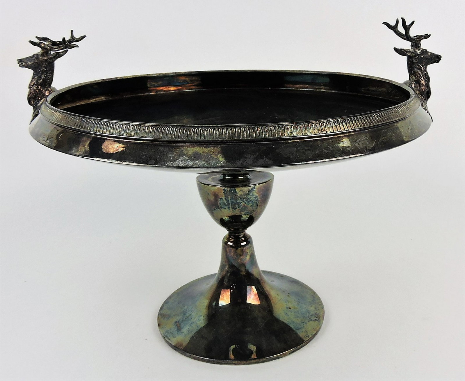 Gorham silver plate compote with: stag head handles, 12"w, 9"h