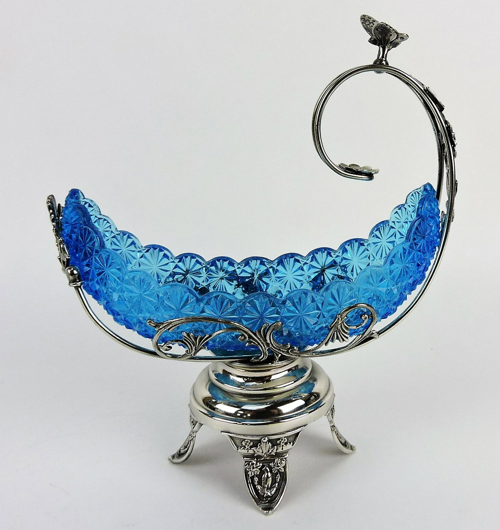 Victorian pickle castor/server with: blue daisy and button boat insert, butterfly on handle, 10"h, 8 1/2"w