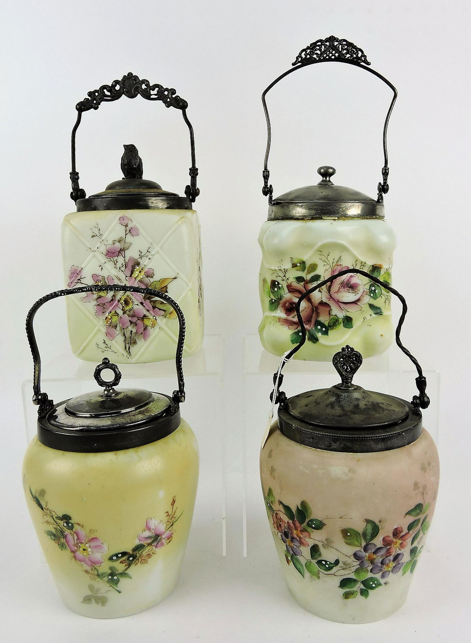 Mt. Washington lot of 4 biscuit: cracker jars with floral motif