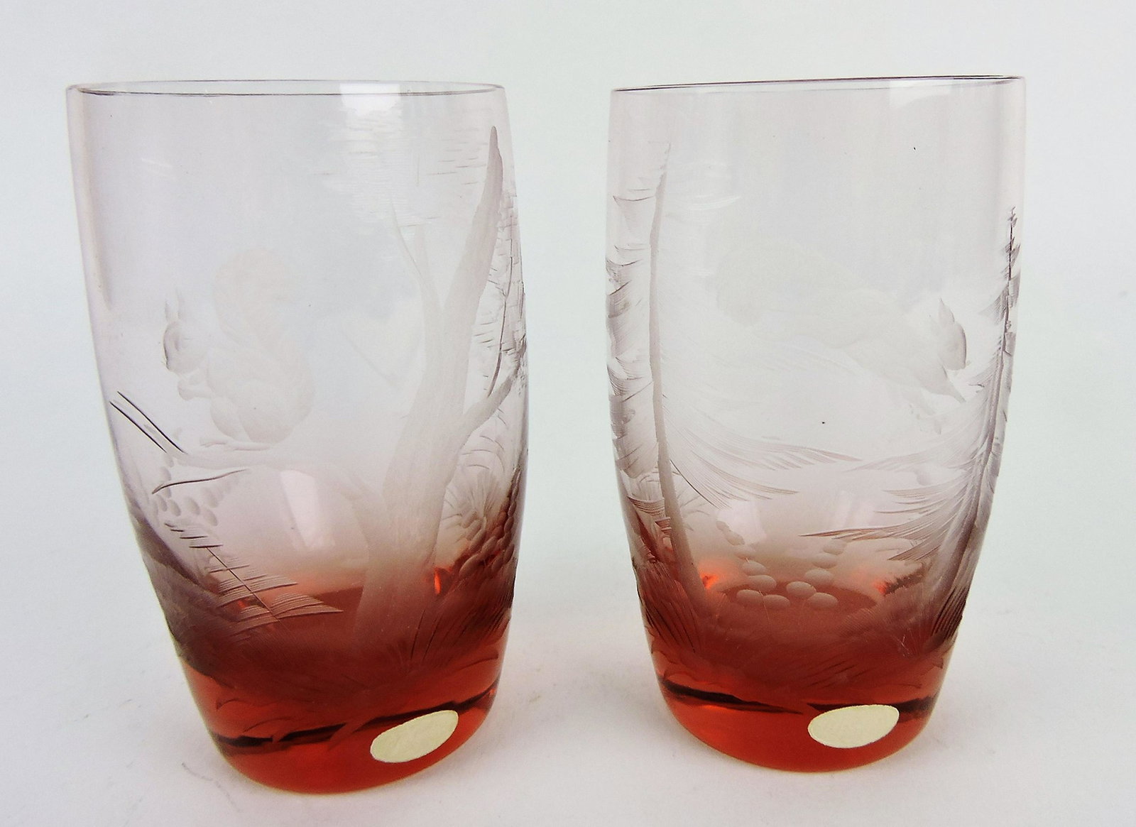 Moser cut glass pair of tumblers with: squirrels in trees, 4 1/2"