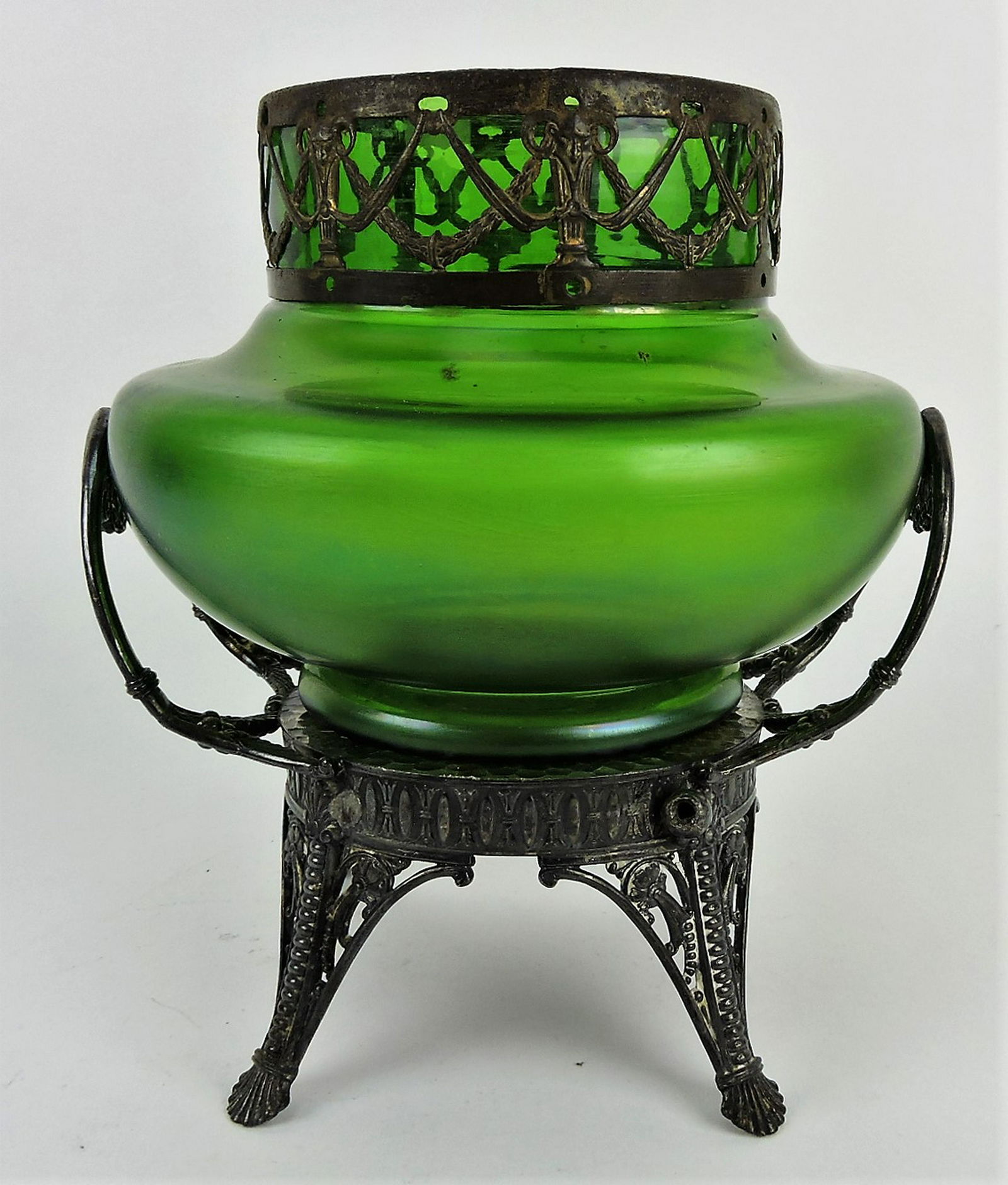 Loetz (attributed) green art glass: vase with metal fitted top and holder, 9"