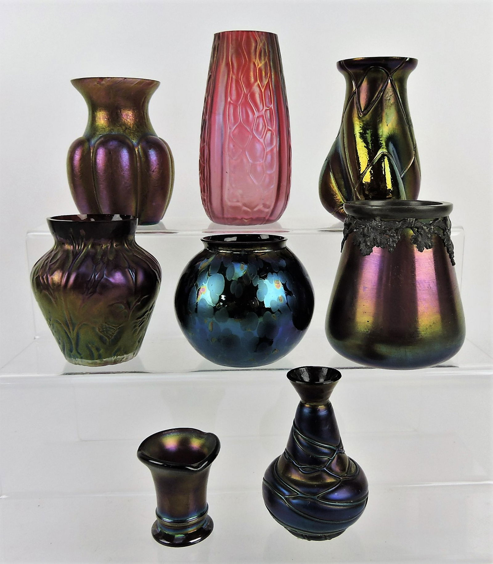 Loetz (attributed) art glass lot of 8: vases, 2" to 5"