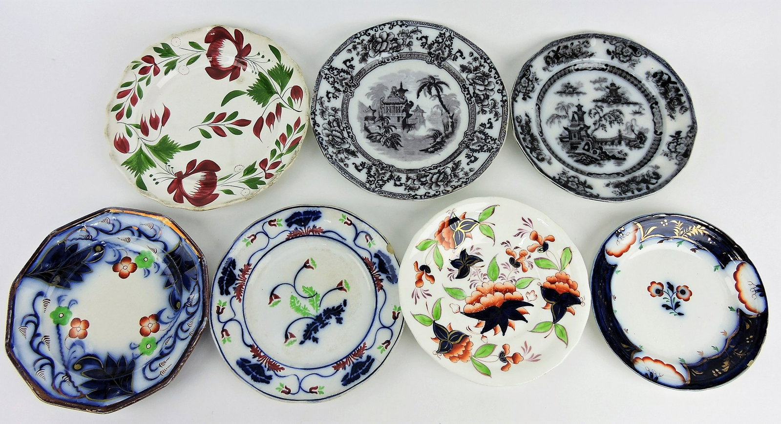 Gaudy ironstone and transferware lot: of 7 plates, various condition