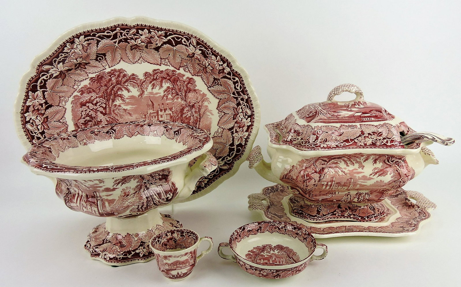 Mason's Vista red transferware lot: of 5 pieces; platter, fruit compote tureen with ladle and tray, cream soup and cup