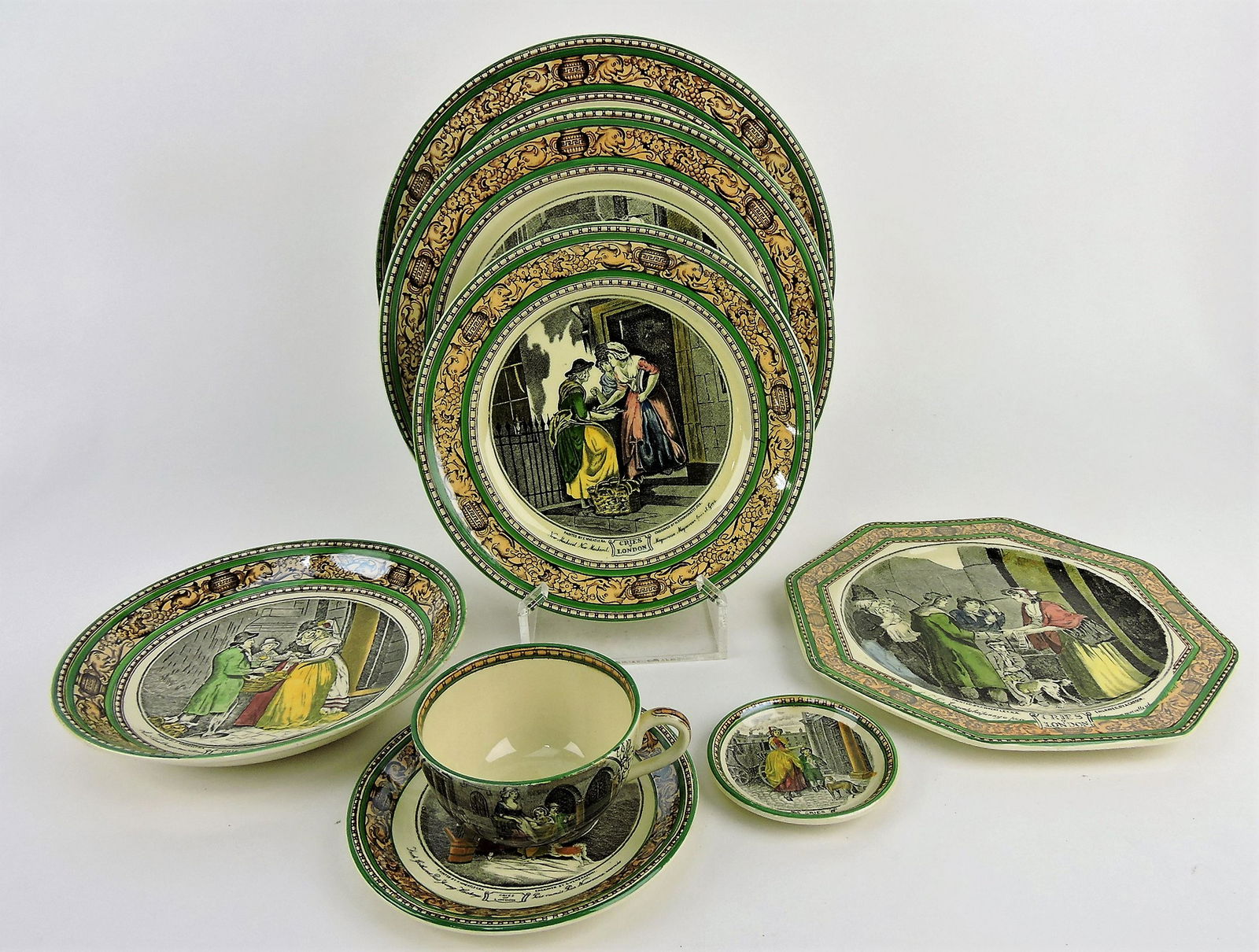 Adams "Cries of London" 8 piece place: setting for 12, includes 12 - 10 1/2", 12 - 9 3/4", & 11 - 8" plates, 12 - 8 1/2" octagon plates, 12 - 7 1/2" flat soup bowls, 12 cups/saucers, 11 butter pats; 94 pieces