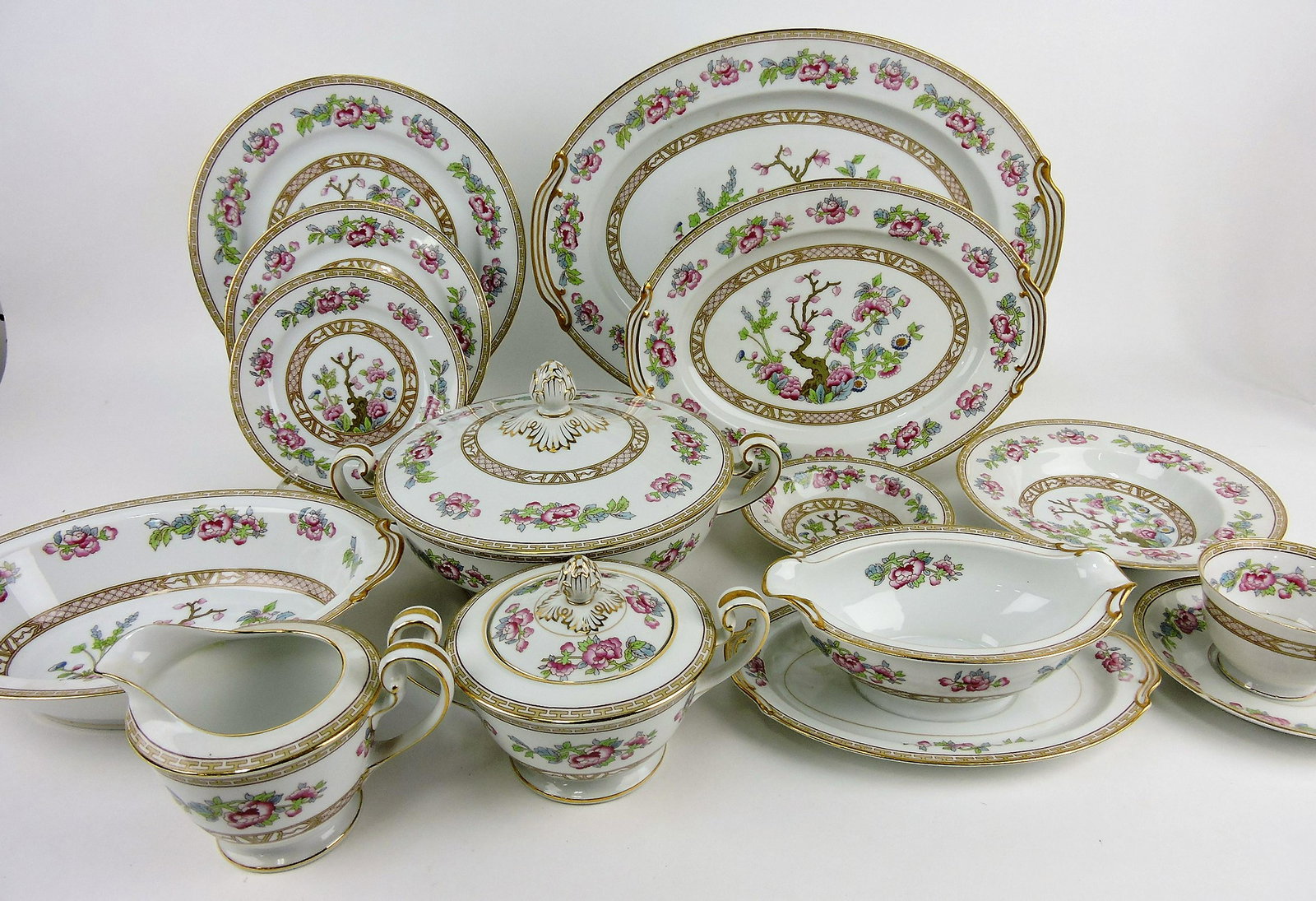 Noritake "Carleton" set of china;: tureen, 16 1/2" & 12" platter, 10 1/2" oval bowl, cream, sugar, gravy boat, 12 - 10", 12 - 7 1/2", 11 - 6 1/2" plates, 12 flat rim soups, 12 - 5 1/2" fruit bowls, 12 cups, 12 saucers; 90 pieces