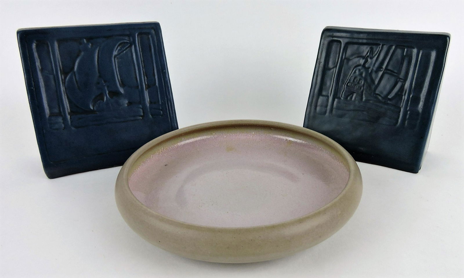 Marblehead Pottery lot of 3 pieces;: 2 single ship bookends, 1 8 1/2" console bowl