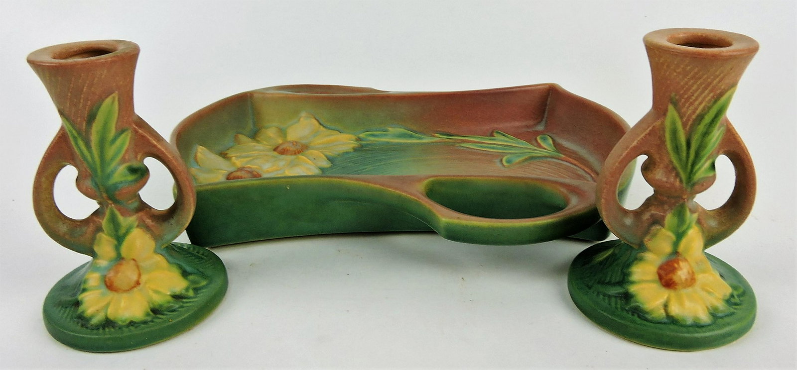 Roseville pink Peony tray 10 1/2",: and pair of tall candlesticks 1152-4 1/2"