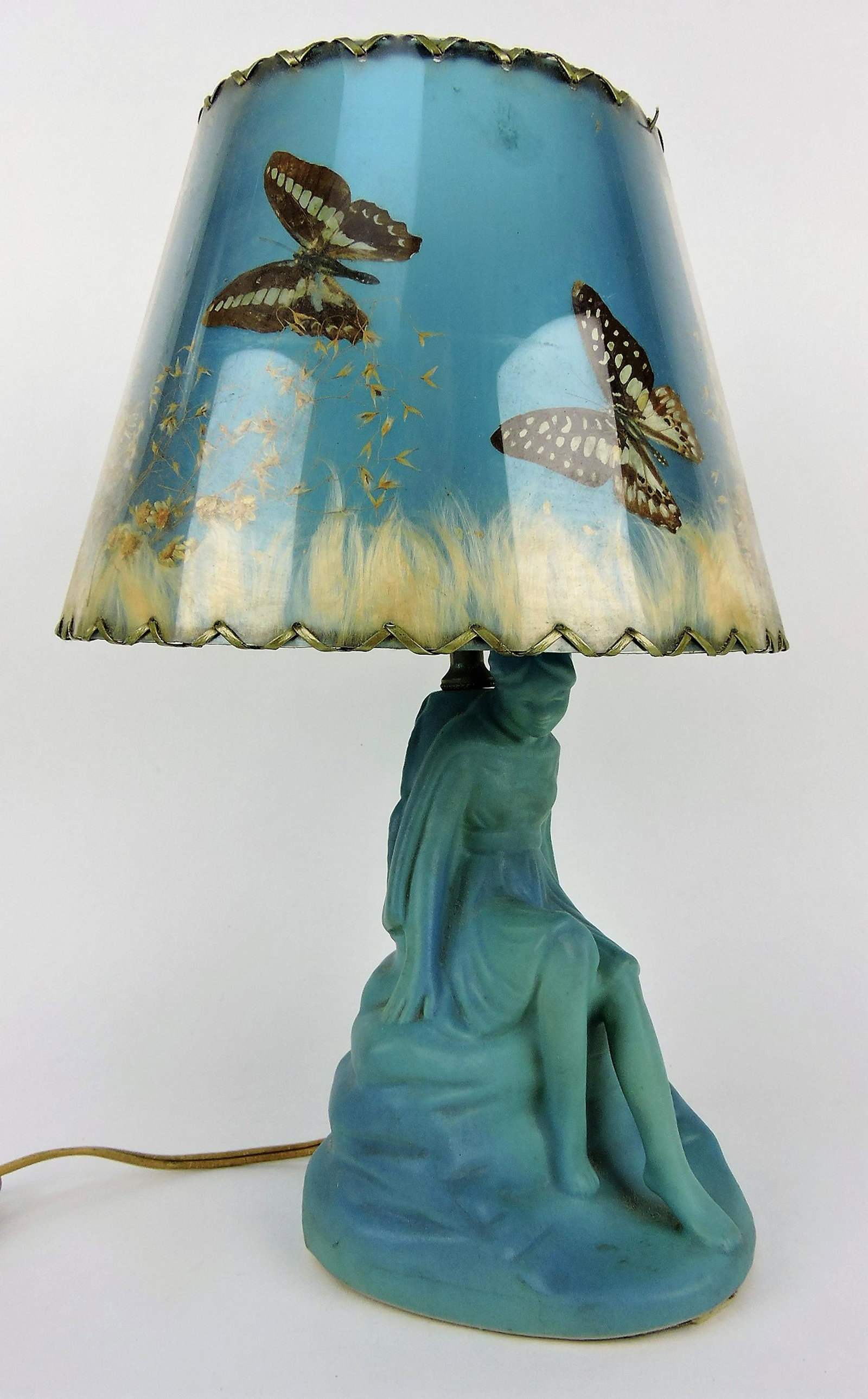 Van Briggle blue maiden lamp with: butterfly shade, 15"h