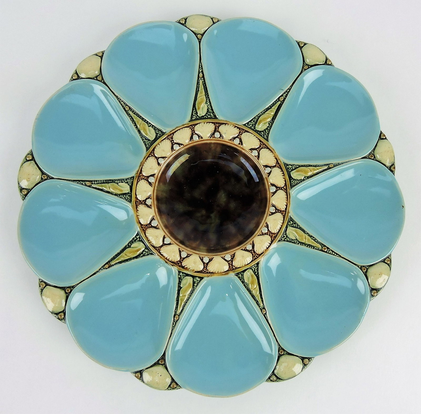 Minton turquoise 9 well majolica: oyster plate, 10"