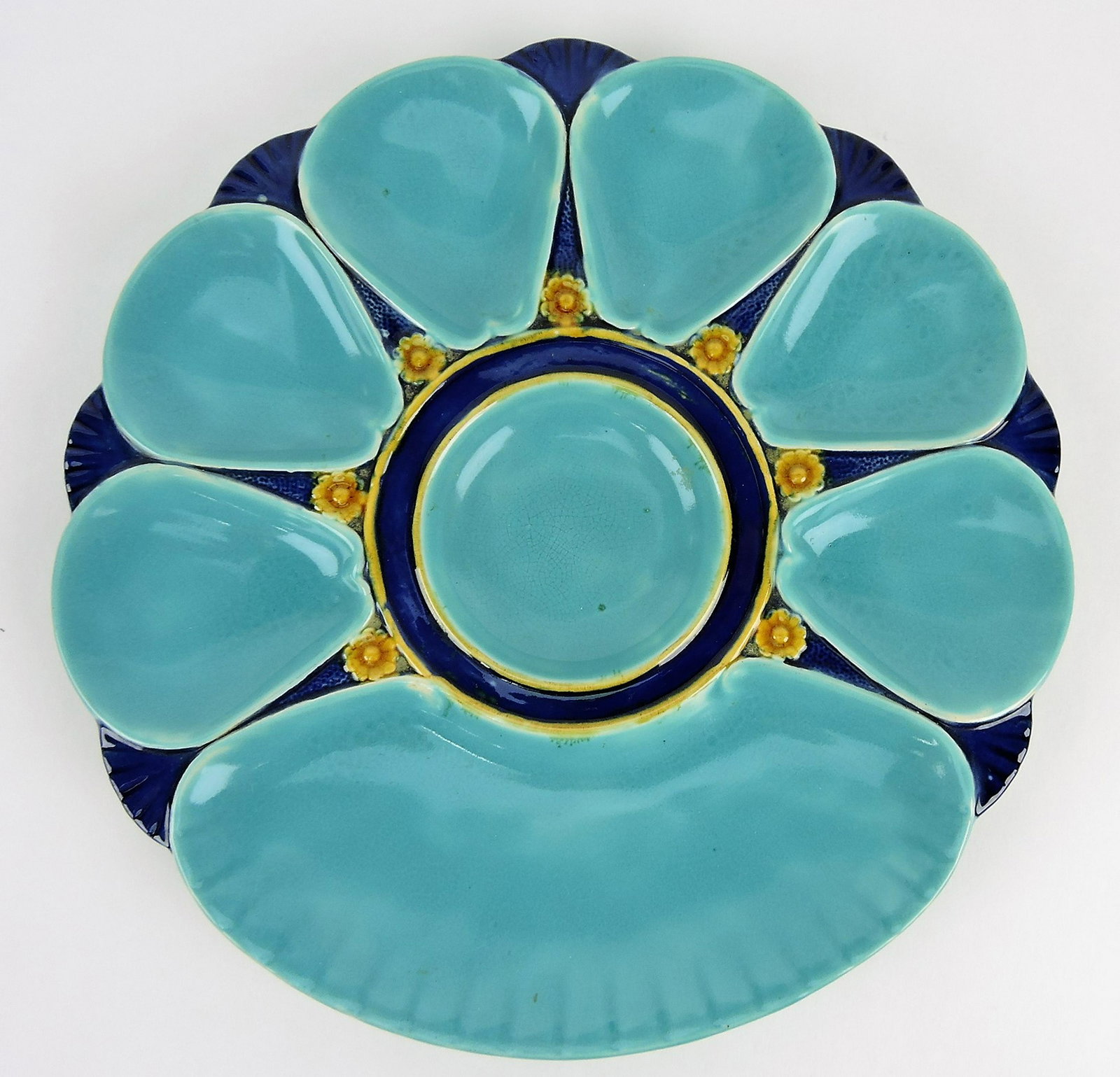 Minton majolica cobalt and turquoise: 6 well oyster plate with cracker well, 10"