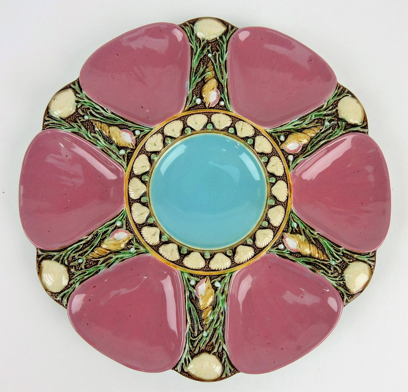 Minton pink majolica 6 well oyster: plate, 9"