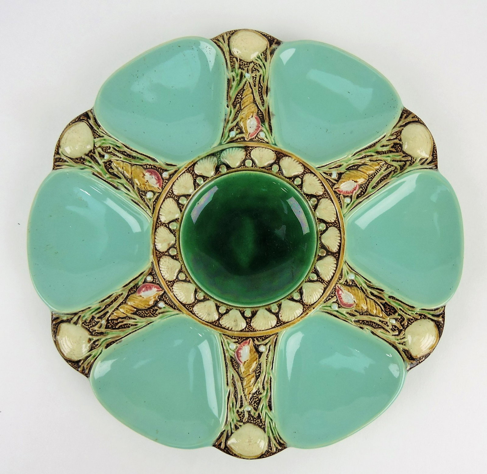 Minton seamist majolica 6 well oyster: plate, 9"