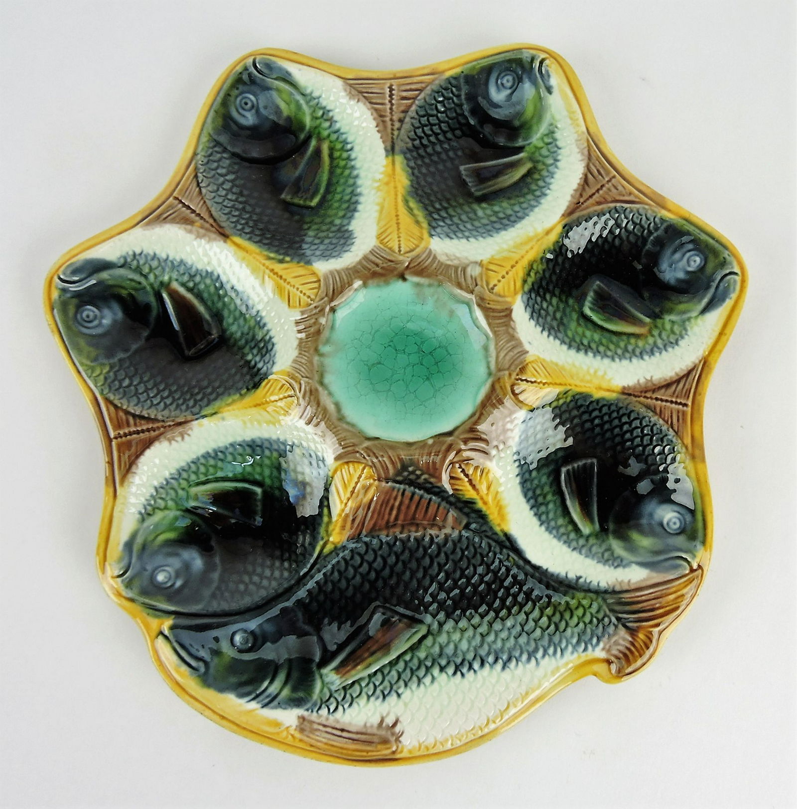 Adams & Bromely majolica fish: oyster plate, 6 well with cracker well, 10 1/2"