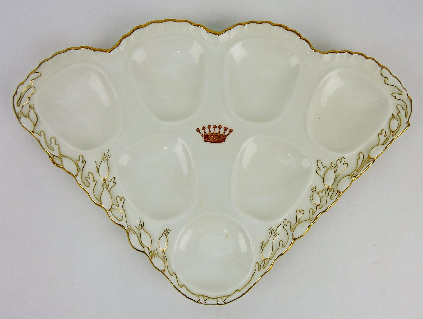 Minton porcelain fan shape 6 well: oyster plate, 11 1/2"