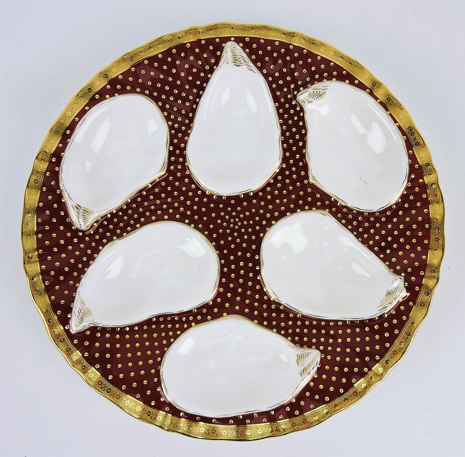Minton porcelain 6 well oyster plate: with beading and trim, 9"