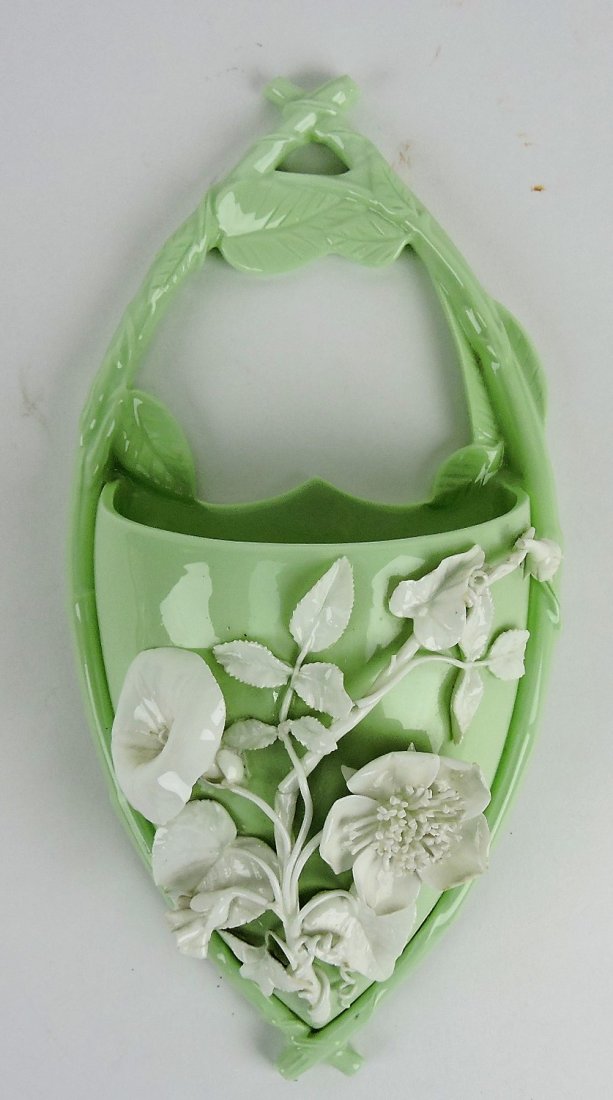 George Jones porcelain celedon green: floral wall pocket, 11\".