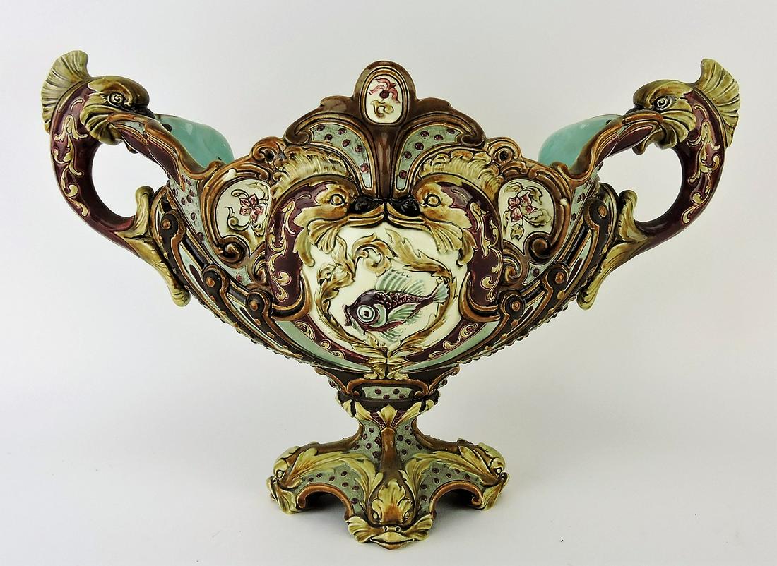 Wilhelm Schiller & Son majolica dolphin: handled center bowl, 16"w, 11"h