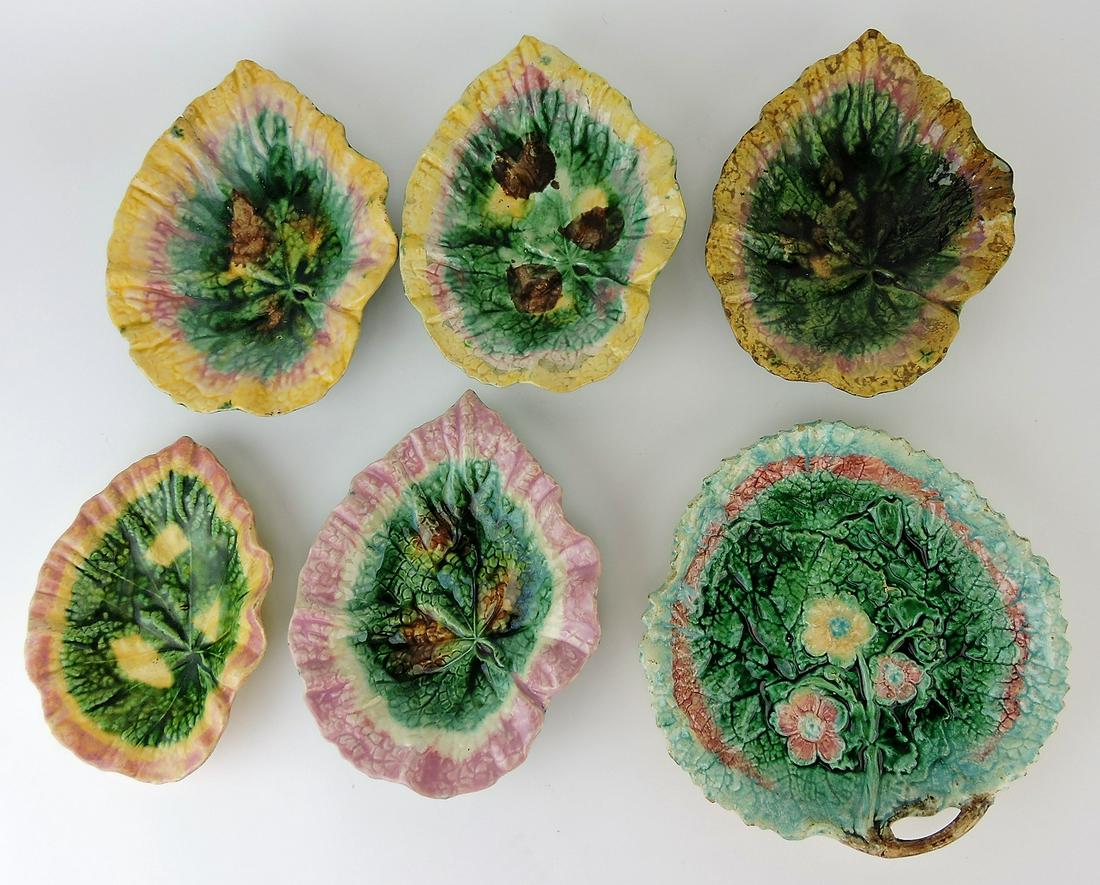 Majolica lot of 6 leaf trays, various: condition