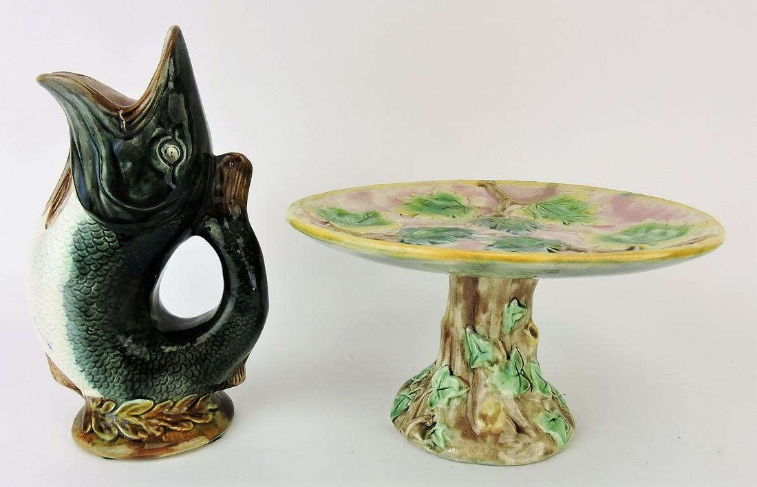 Majolica fish pitcher and Etruscan: maple leaf cake stand
