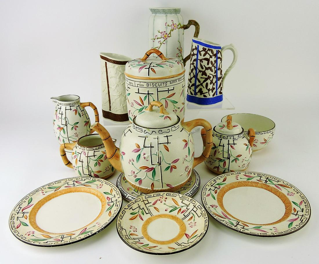 Brownhills Pottery lot of 10 pieces: and 3 Parian ware jugs, various condition
