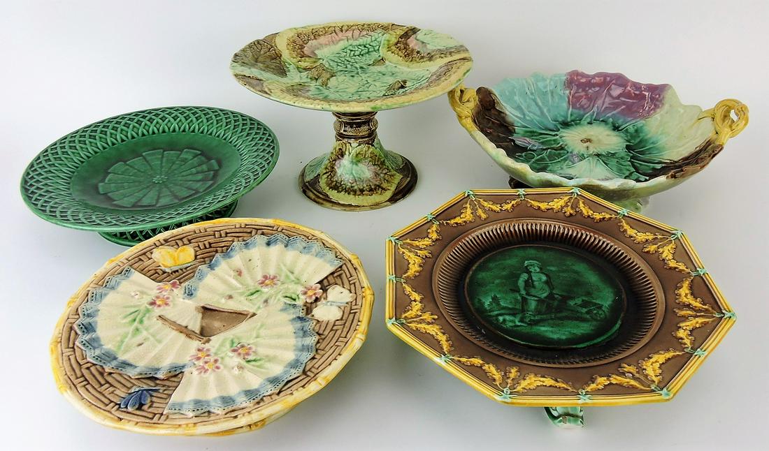Majolica lot of 5 compotes and cake: stands, various condition