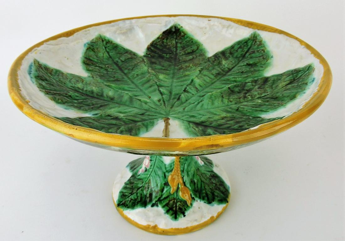 George Jones majolica chestnut leaf: and napkin compote, 9"d, 5 1/2"h