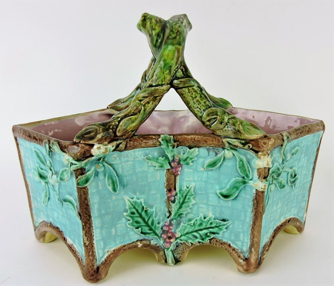 Majolica holly and berry rustic basket,: 10"w, 7 1/2"h