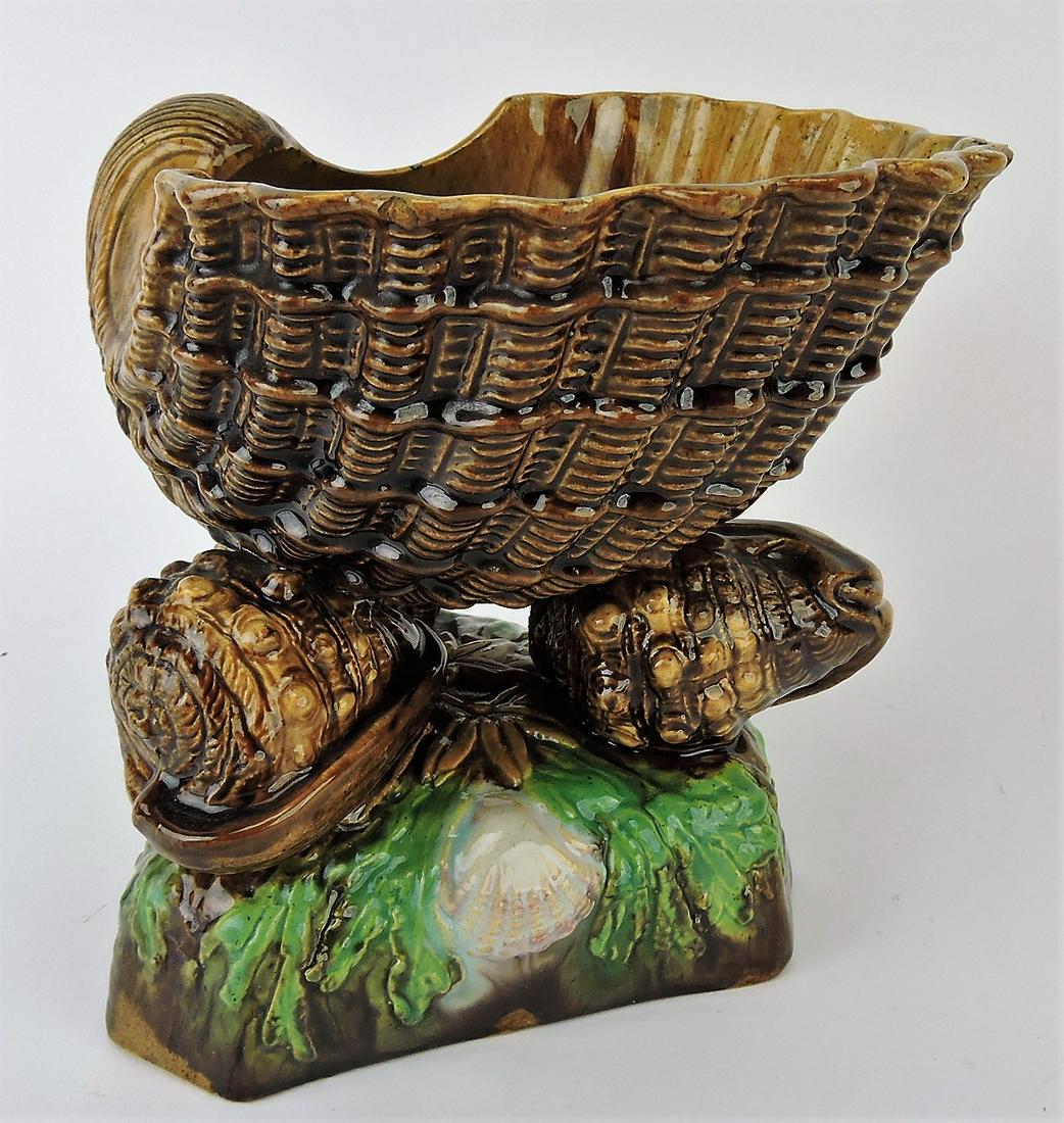 Majolica unusual shell compote, 7": .
