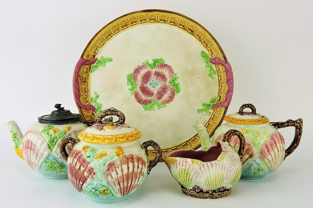 James Carr majolica shell and cord: tea set with 11" tray, pewter topped teapot, teapot, sugar and non-matching shell creamer