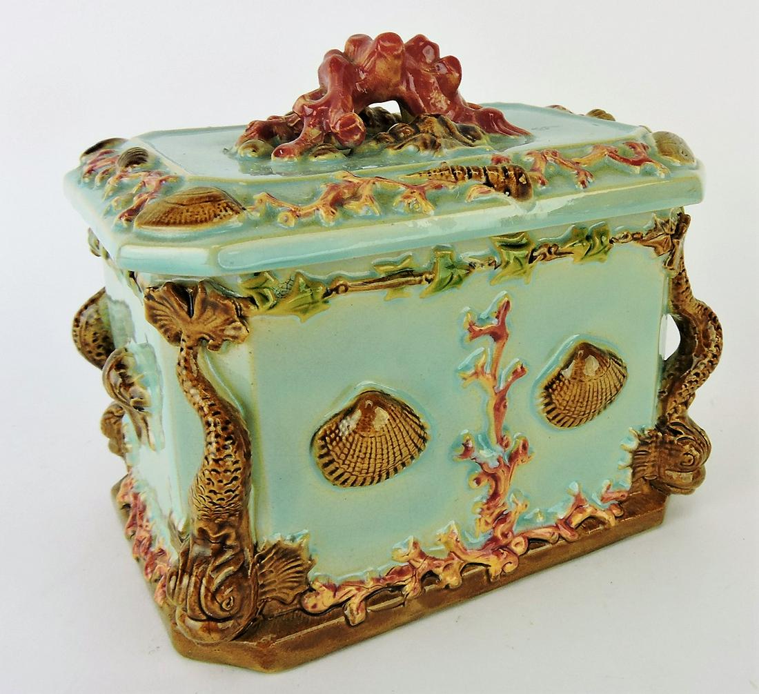 Shell and coral covered box with: dolphin corners, nicks to lid, 5"h, 5 1/2"w