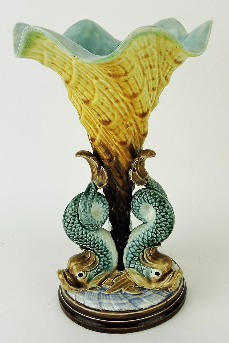 Majolica dolphin and shell vase,: 9 1/2"