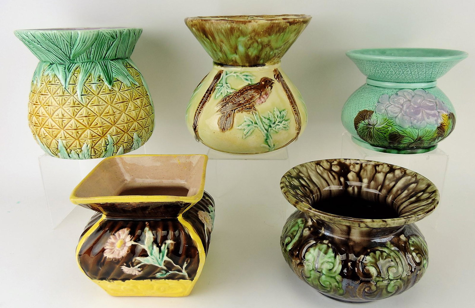 Majolica lot of 5 spittoons cuspidors,: various condition