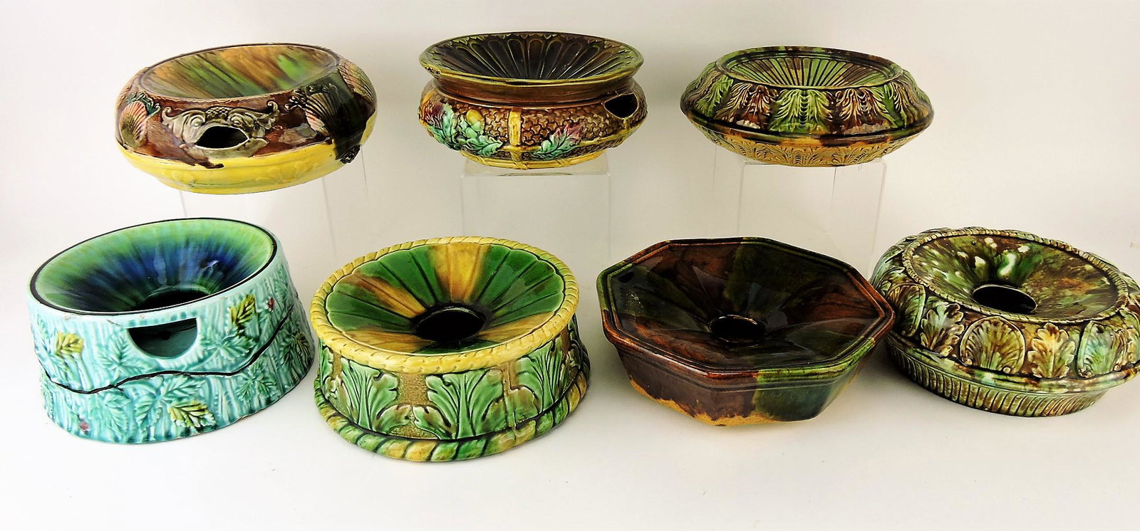 Majolica lot of 7 spittoons cuspidors,: various condition