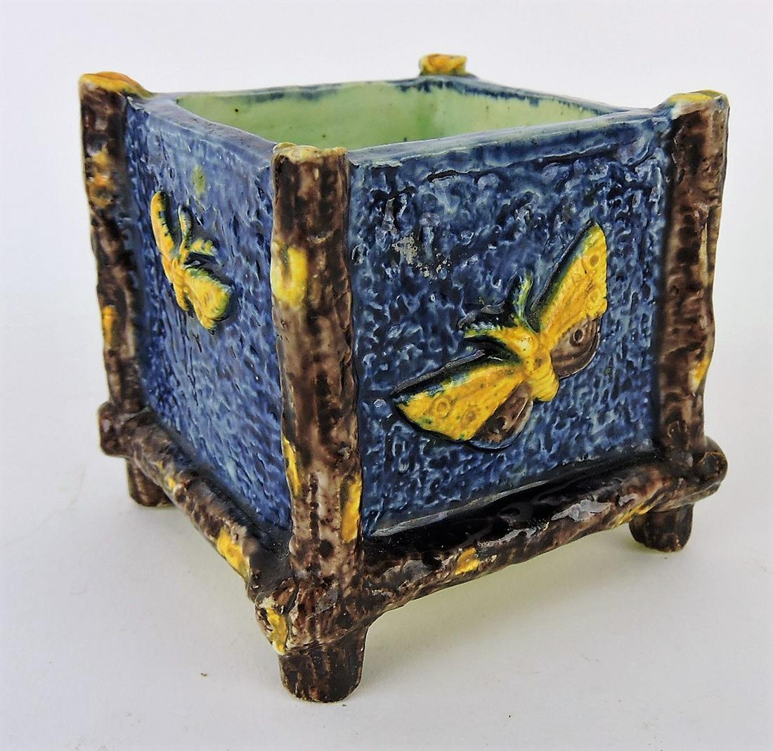 T. S. Palissy ware majolica butterfly: toothpick holder, 2 1/2"