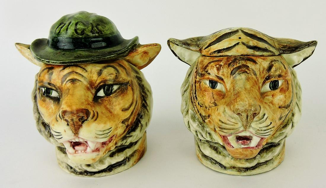 Majolica lot of 2 tiger head humidors,: 4 1/2"