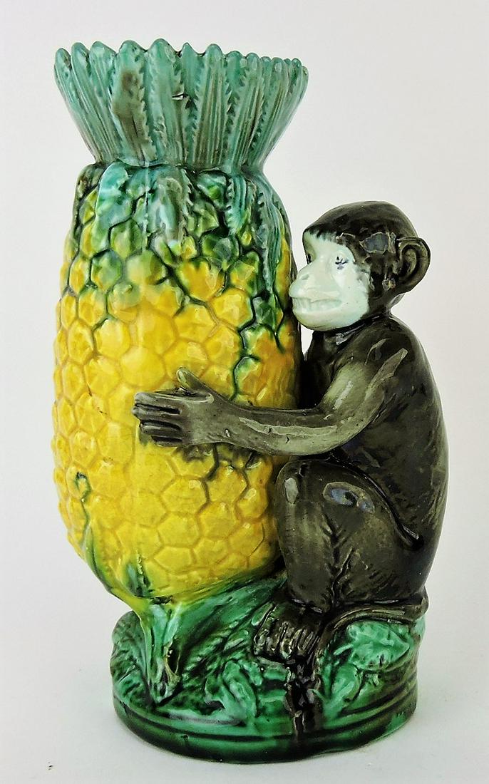Majolica pineapple and monkey: 7" vase