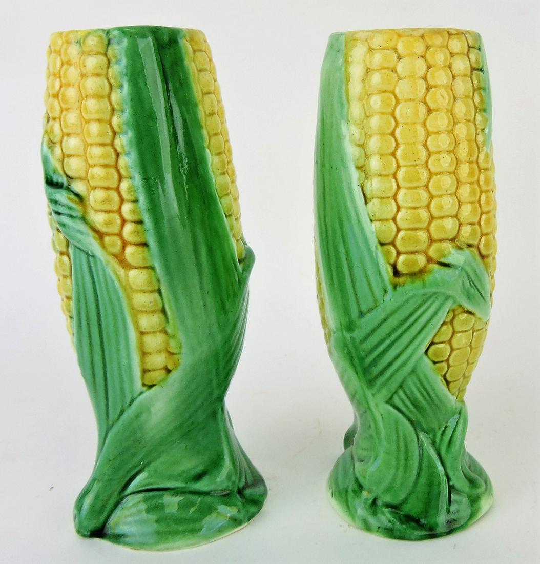 Majolica pair of 6 1/2" corn bud: vases